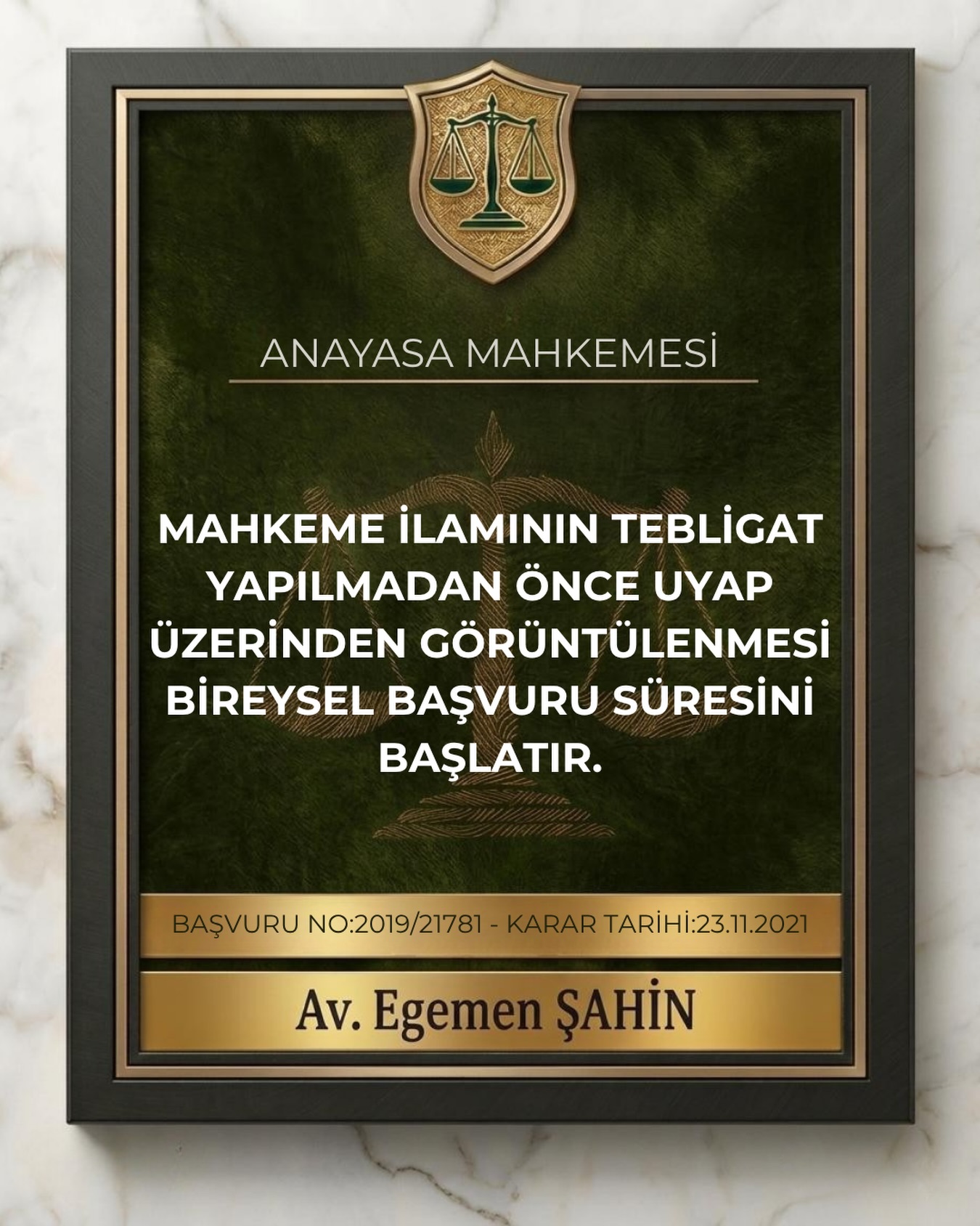 Mahkeme ilamının tebligat yapılmadan önce UYAP üzerinden görüntülenmesi bireysel başvuru süresini başlatır.
⚖️Anayasa Mahkemesi
Başvuru No: 2019/21781 
Karar Tarihi: 23.11.2021