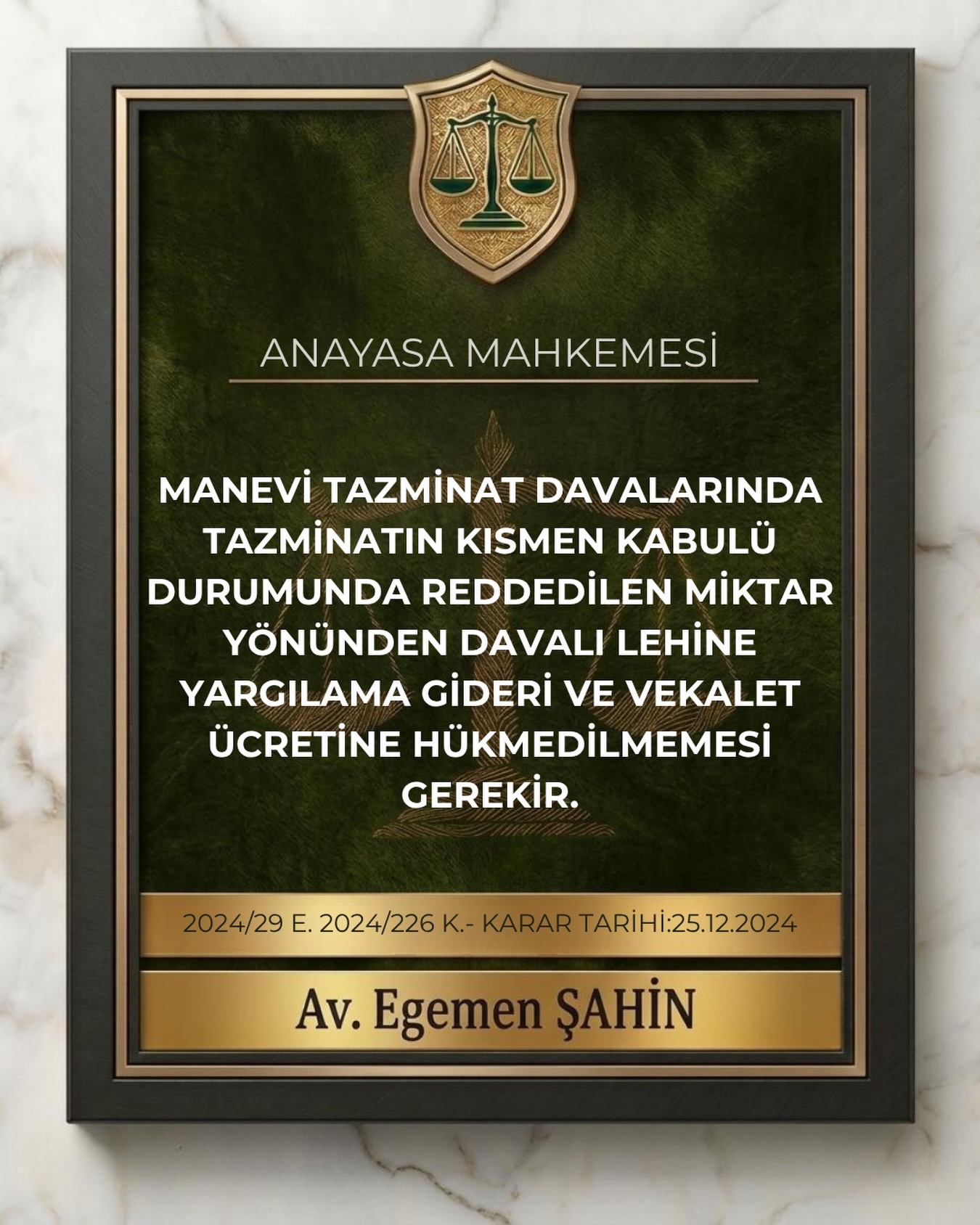 Manevi tazminat davalarında tazminatın kısmen kabulü durumunda reddedilen miktar yönünden davalı lehine yargılama gideri ve vekalet ücretine hükmedilmemesi gerekir.
⚖️Anayasa Mahkemesi
2024/29 E. 2024/226 K.
Karar Tarihi:25.12.2024