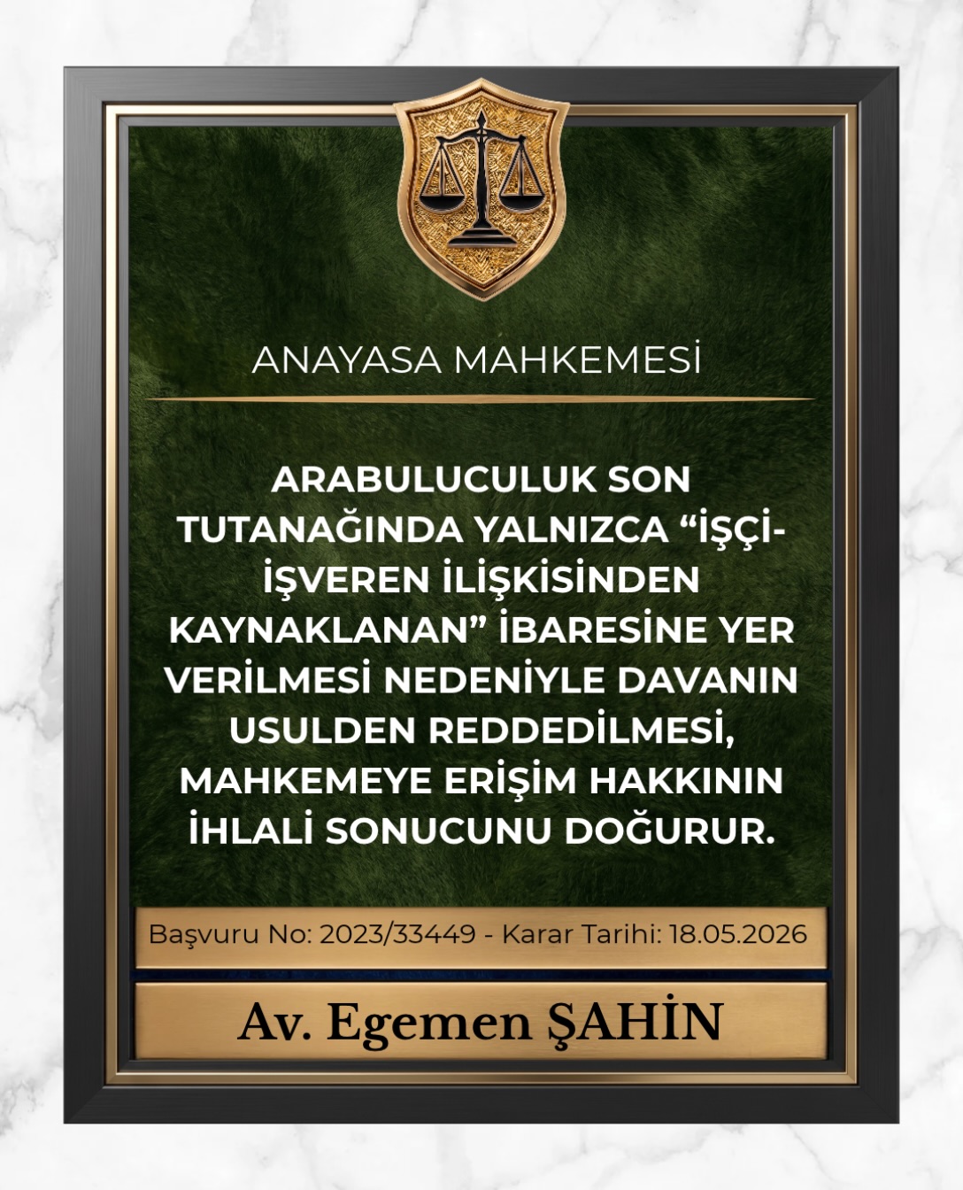 Arabuluculuk son tutanağında yalnızca “işçi-işveren ilişkisinden kaynaklanan” ibaresine yer verilmesi nedeniyle davanın usulden reddedilmesi, mahkemeye erişim hakkının ihlali sonucunu doğurur.
⚖️Anayasa Mahkemesi
Başvuru No: 2023/33449
Karar Tarihi: 18.05.2026