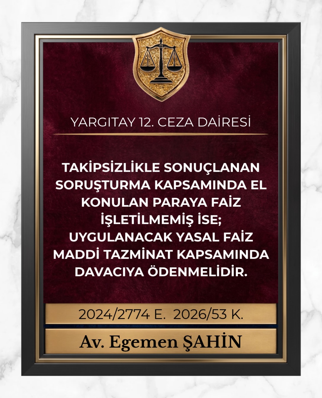 Takipsizlikle sonuçlanan soruşturma kapsamında el konulan paraya faiz işletilmemiş ise; uygulanacak yasal faiz maddi tazminat kapsamında davacıya ödenmelidir.
⚖️Yargıtay 12. Ceza Dairesi
2024/2774 E. 2026/53 K.