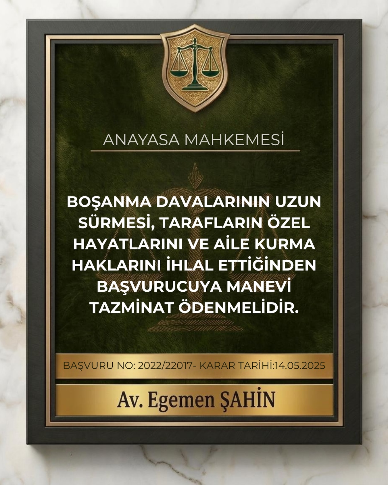Boşanma davalarının uzun sürmesi, tarafların özel hayatlarını ve aile kurma haklarını ihlal ettiğinden başvurucuya manevi tazminat ödenmelidir.
⚖️Anayasa Mahkemesi
Başvuru No: 2022/22017
Karar Tarihi: 14.05.2025