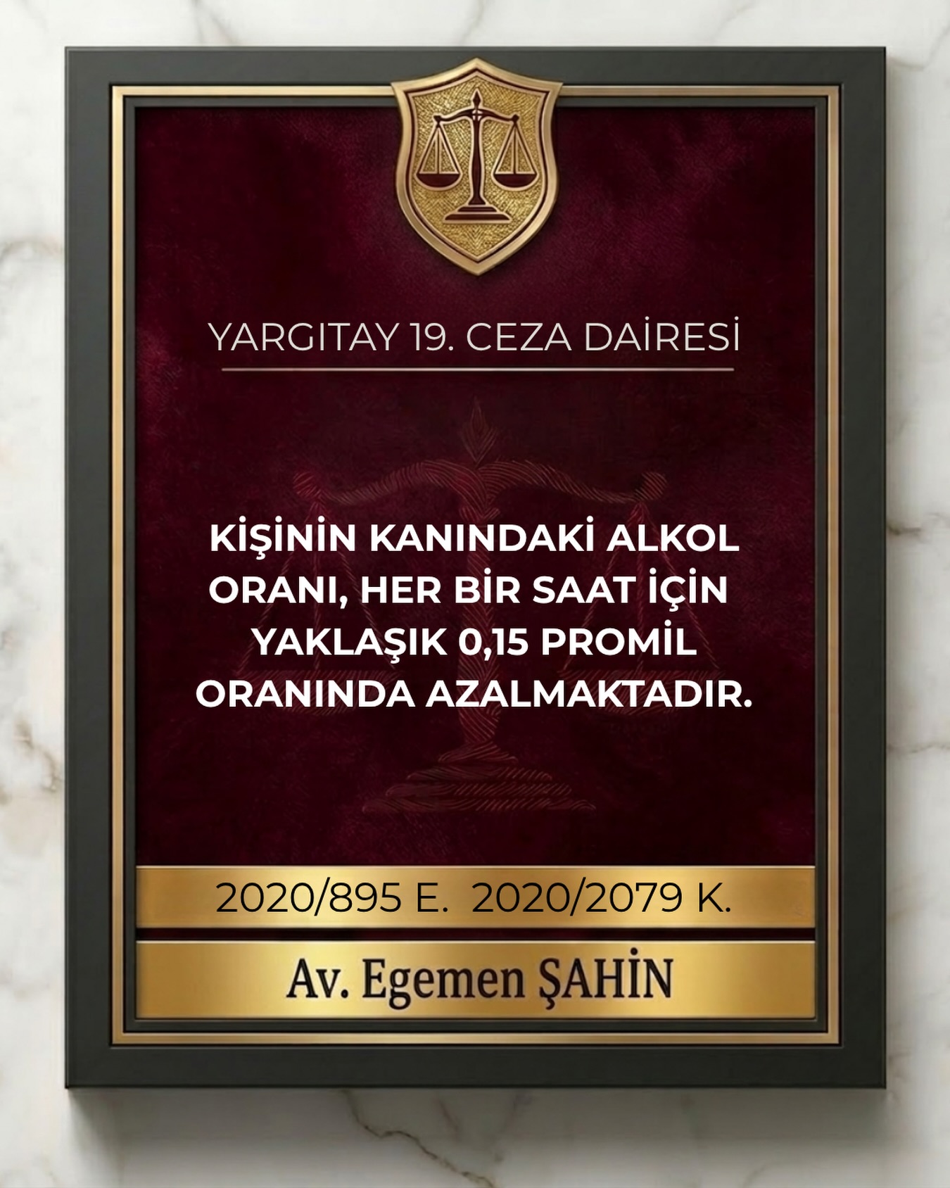Kişinin kanındaki alkol oranı, her bir saat için yaklaşık 0,15 promil oranında azalmaktadır.
⚖️Yargıtay 19. Ceza Dairesi
2020/895 E. 2020/2079 K.