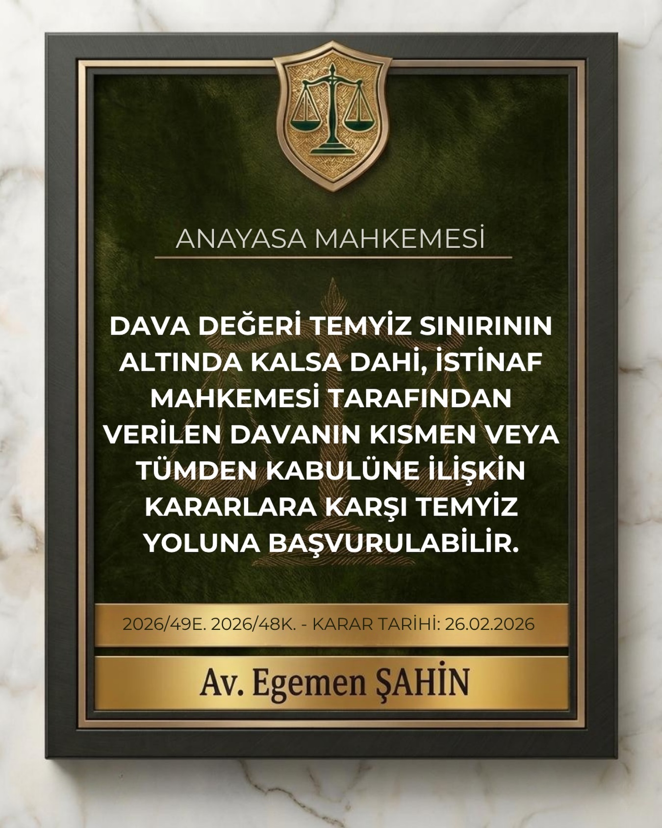 Dava değeri temyiz sınırının altında kalsa dahi, istinaf mahkemesi tarafından verilen davanın kısmen veya tümden kabulüne ilişkin kararlara karşı temyiz yoluna başvurulabilir.
⚖️Anayasa Mahkemesi
2026/49E. 2026/48K.
KARAR TARİHİ: 26.02.2026