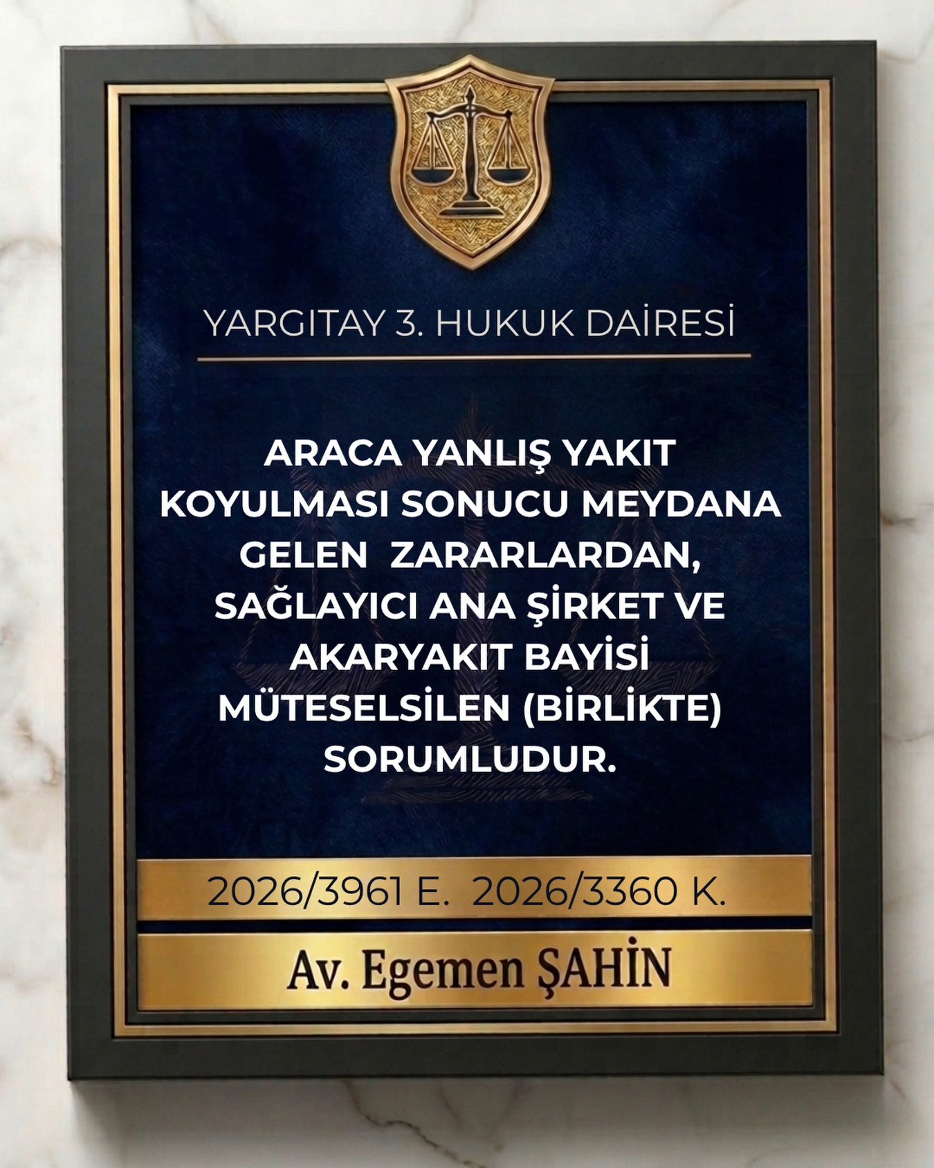 Araca yanlış yakıt koyulması sonucu meydana gelen zararlardan, sağlayıcı ana şirket ve akaryakıt bayisi müteselsilen (birlikte) sorumludur.
⚖️Yargıtay 3. Hukuk Dairesi
2026/3961 E. 2026/3360 K.