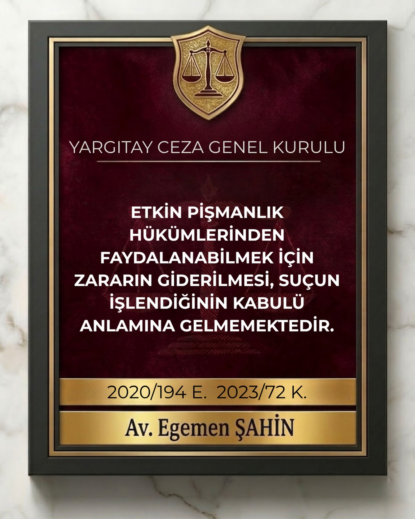 Etkin pişmanlık hükümlerinden faydalanabilmek için zararın giderilmesi, suçun işlendiğinin kabulü anlamına gelmemektedir.
⚖️Yargıtay Ceza Genel Kurulu
2020/194 E. 2023/72 K.