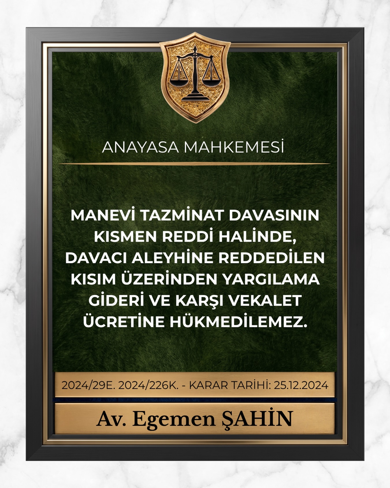 Manevi tazminat davasının kısmen reddi halinde, davacı aleyhine reddedilen kısım üzerinden yargılama gideri ve karşı vekalet ücretine hükmedilemez.
⚖️Anayasa Mahkemesi
2024/29E. 2024/226K.
KARAR TARİHİ: 25.12.2024